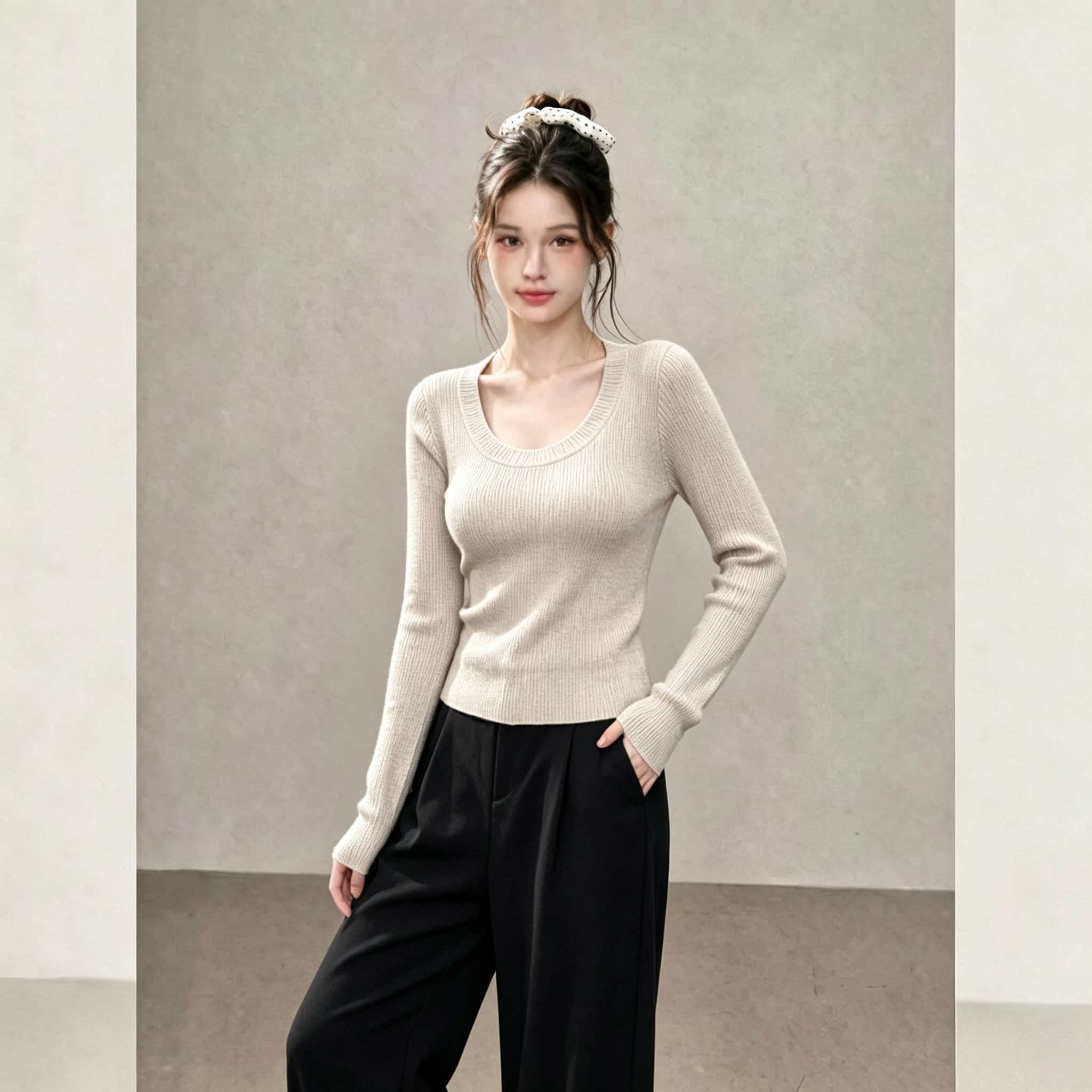 Women's 2026 Autumn Knit Sweater with Large U-Neck and Long Sleeves - Image 3