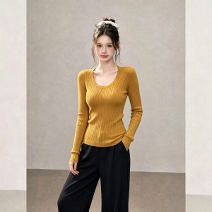 Women's 2026 Autumn Knit Sweater with Large U-Neck and Long Sleeves