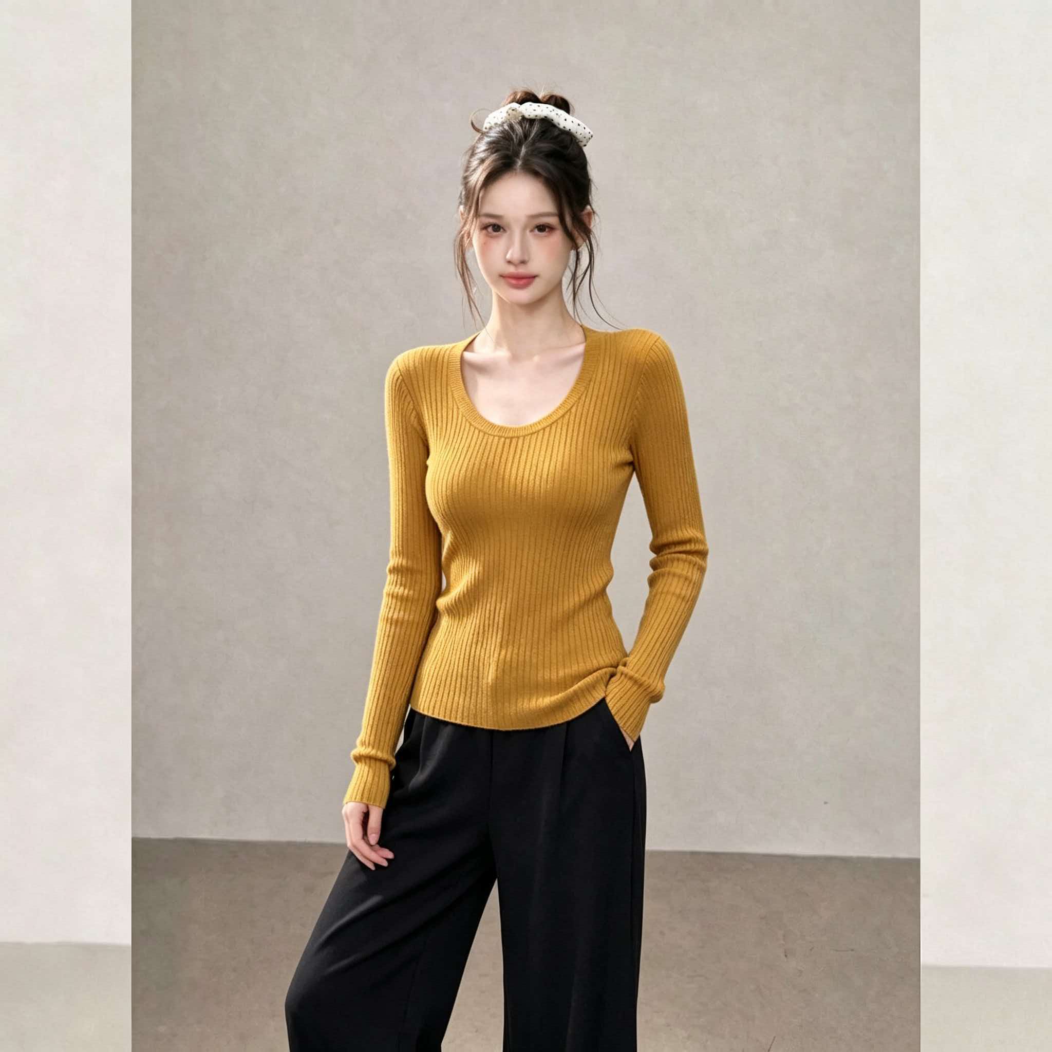 Women's 2026 Autumn Knit Sweater with Large U-Neck and Long Sleeves