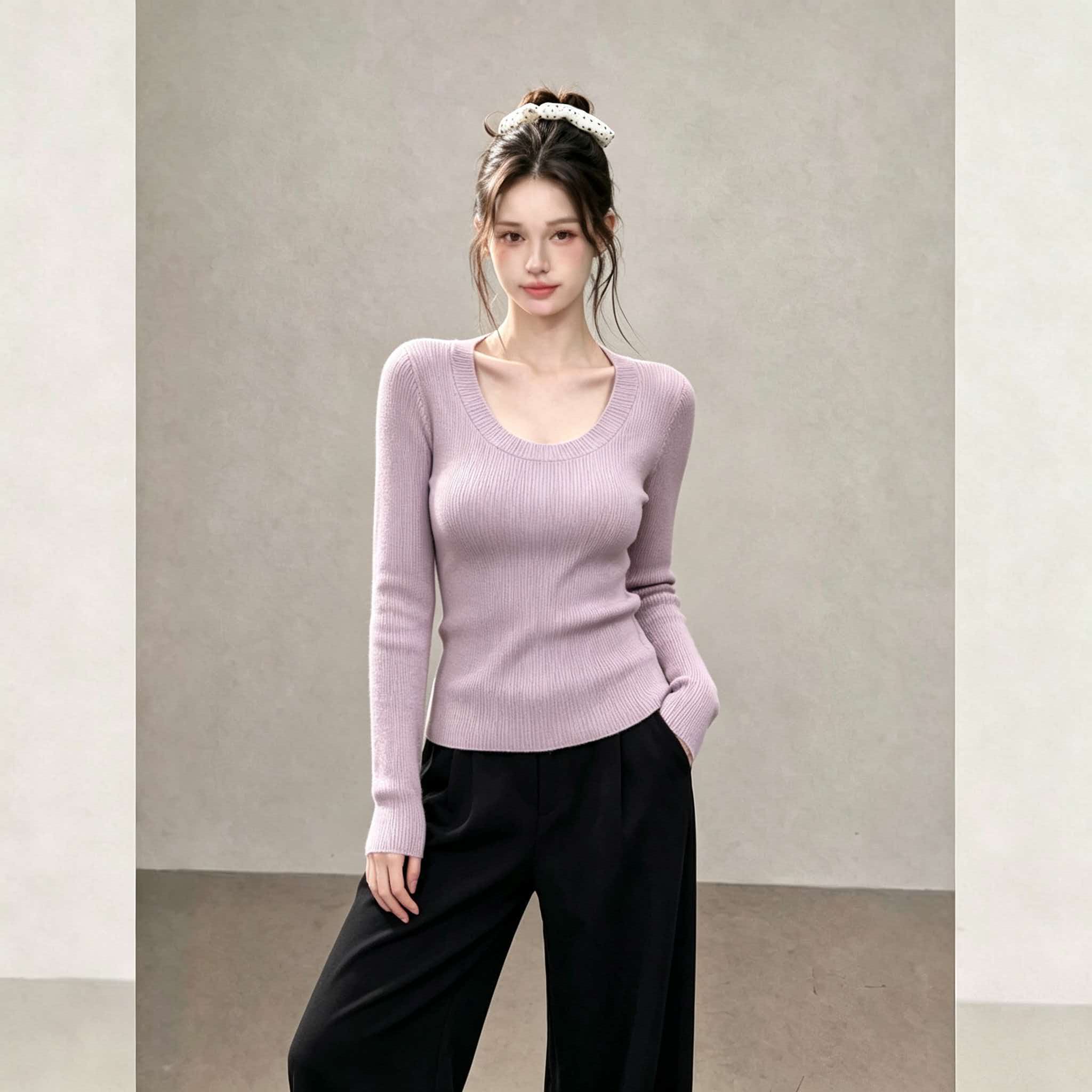 Women's 2026 Autumn Knit Sweater with Large U-Neck and Long Sleeves - Image 4