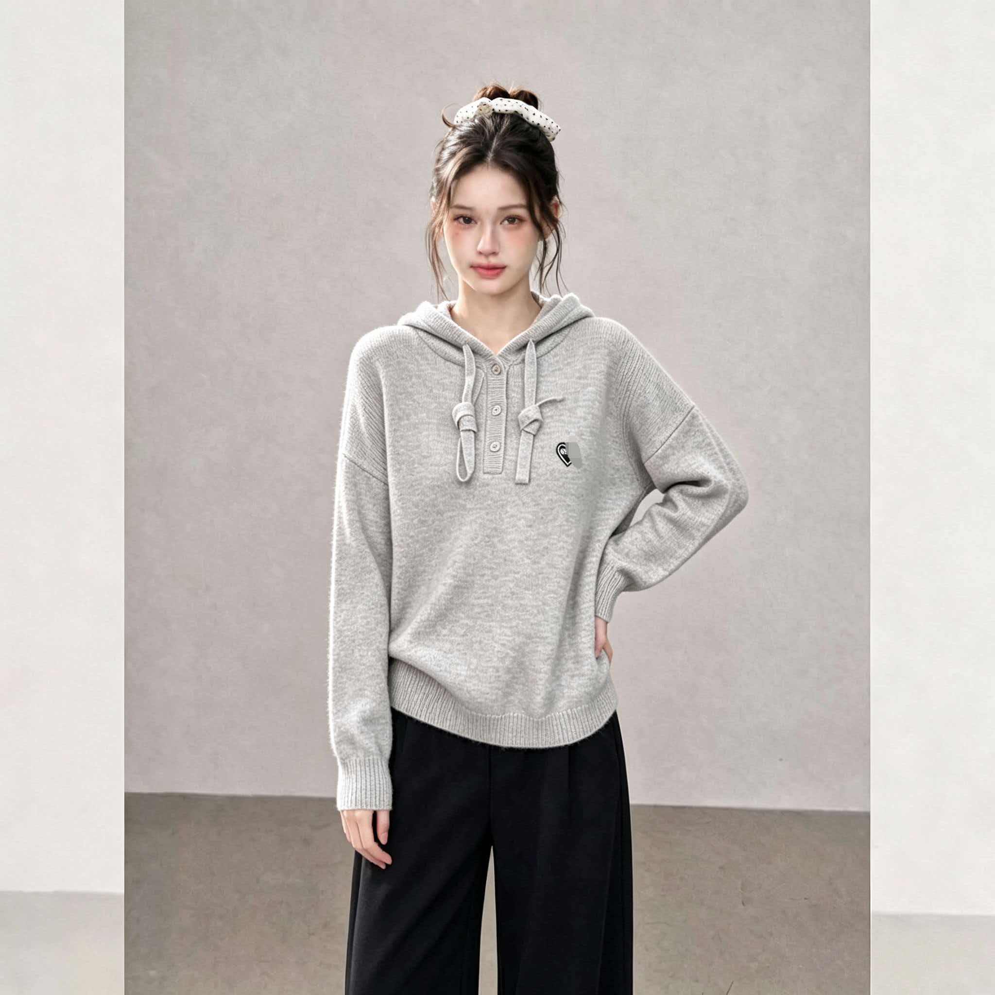 Beige Grey Raccoon Wool Hooded Pullover Knit Sweater 2026 Early Autumn Loose Lazy Style - Image 4