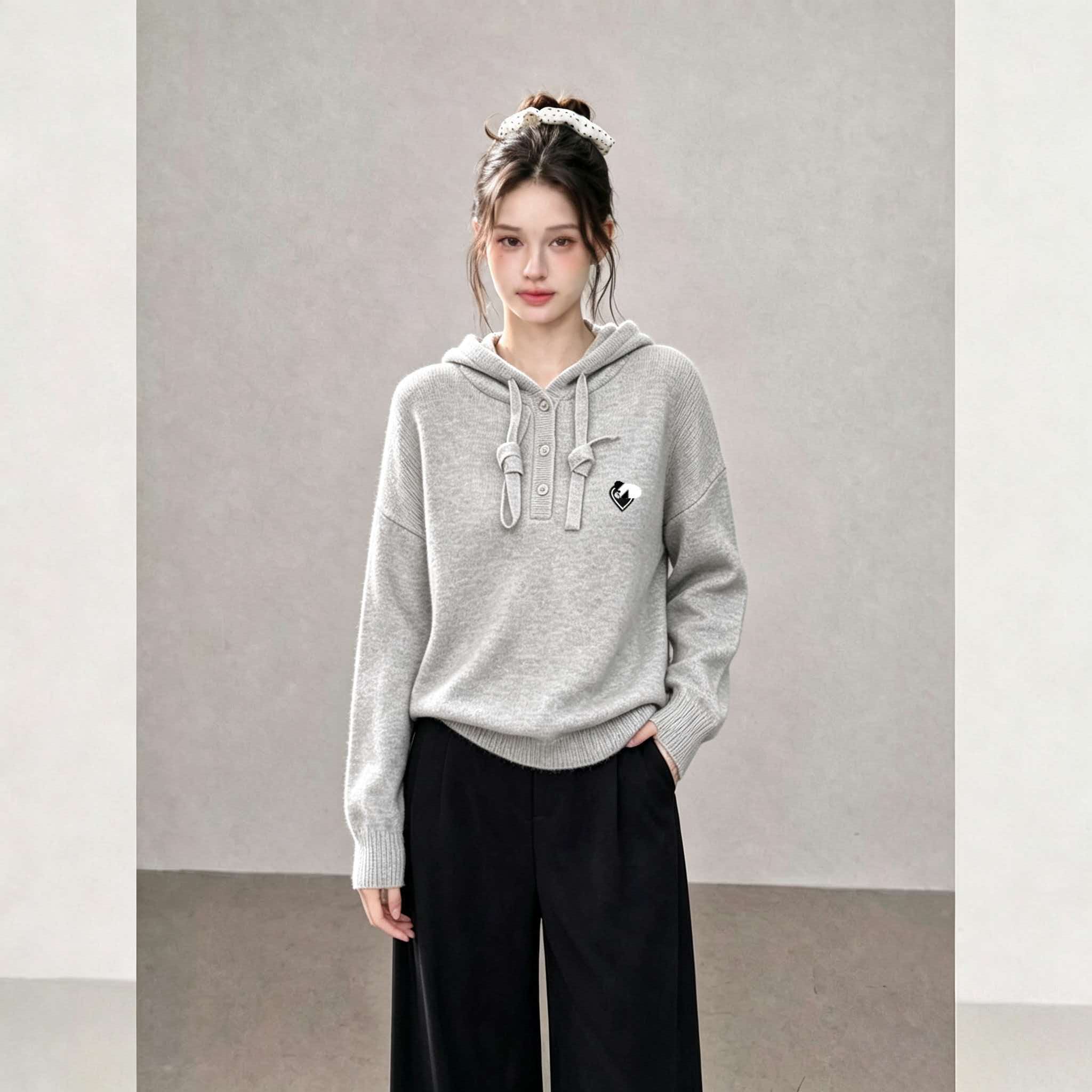 Beige Grey Raccoon Wool Hooded Pullover Knit Sweater 2026 Early Autumn Loose Lazy Style - Image 2