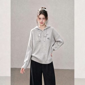 Beige Grey Raccoon Wool Hooded Pullover Knit Sweater 2026 Early Autumn Loose Lazy Style