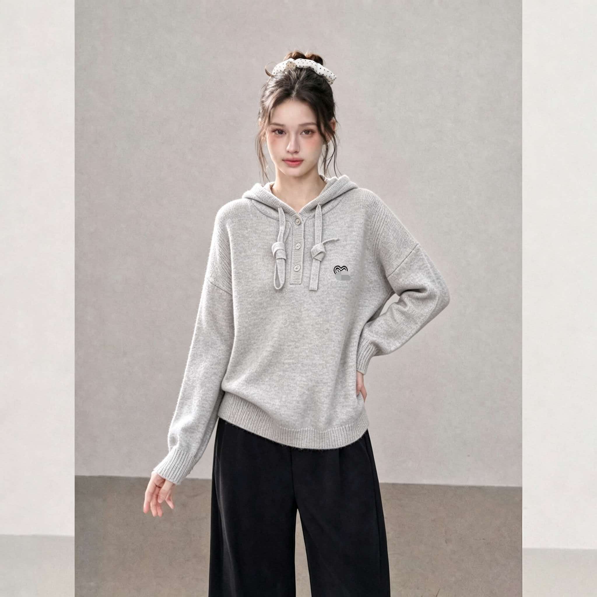 Beige Grey Raccoon Wool Hooded Pullover Knit Sweater 2026 Early Autumn Loose Lazy Style