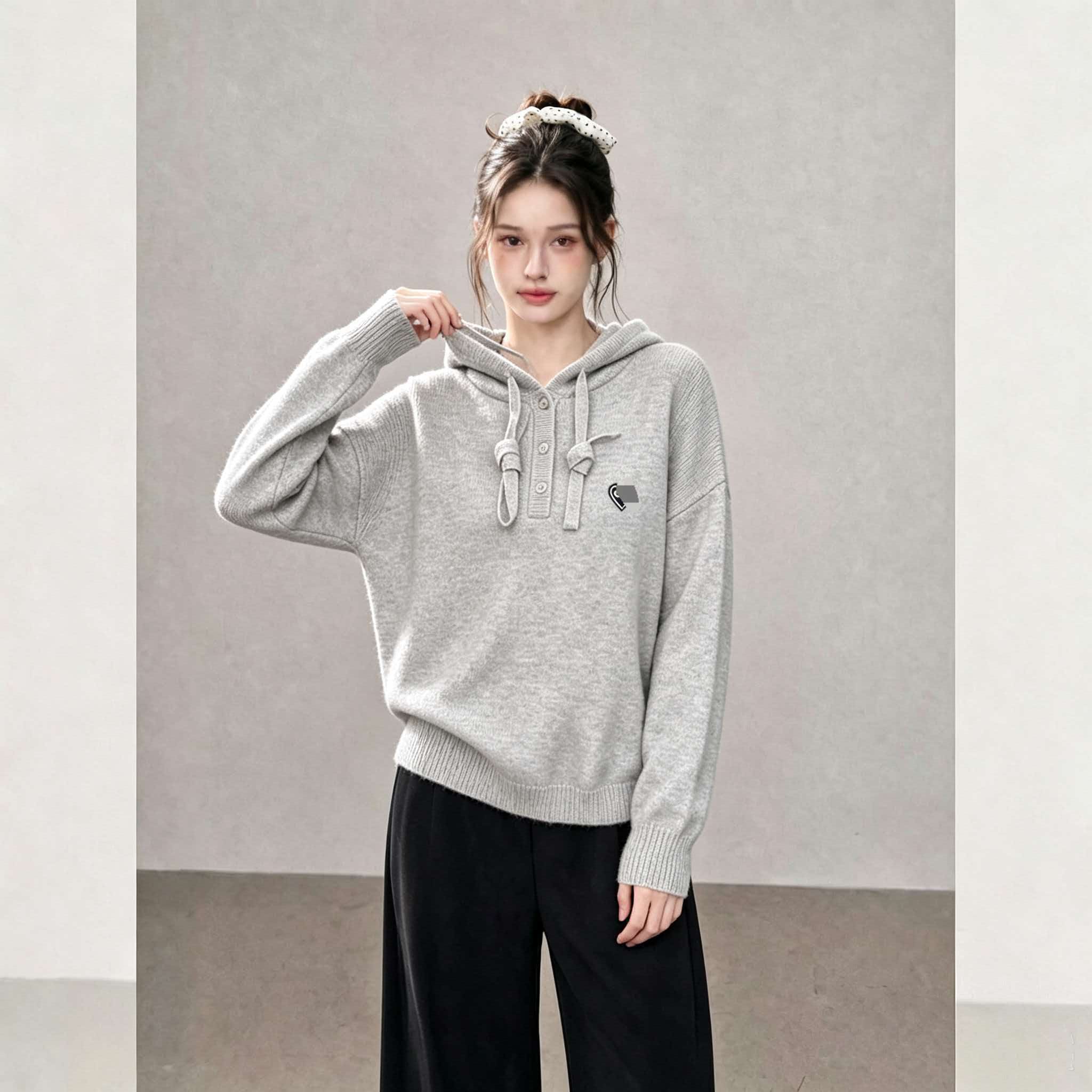 Beige Grey Raccoon Wool Hooded Pullover Knit Sweater 2026 Early Autumn Loose Lazy Style - Image 3
