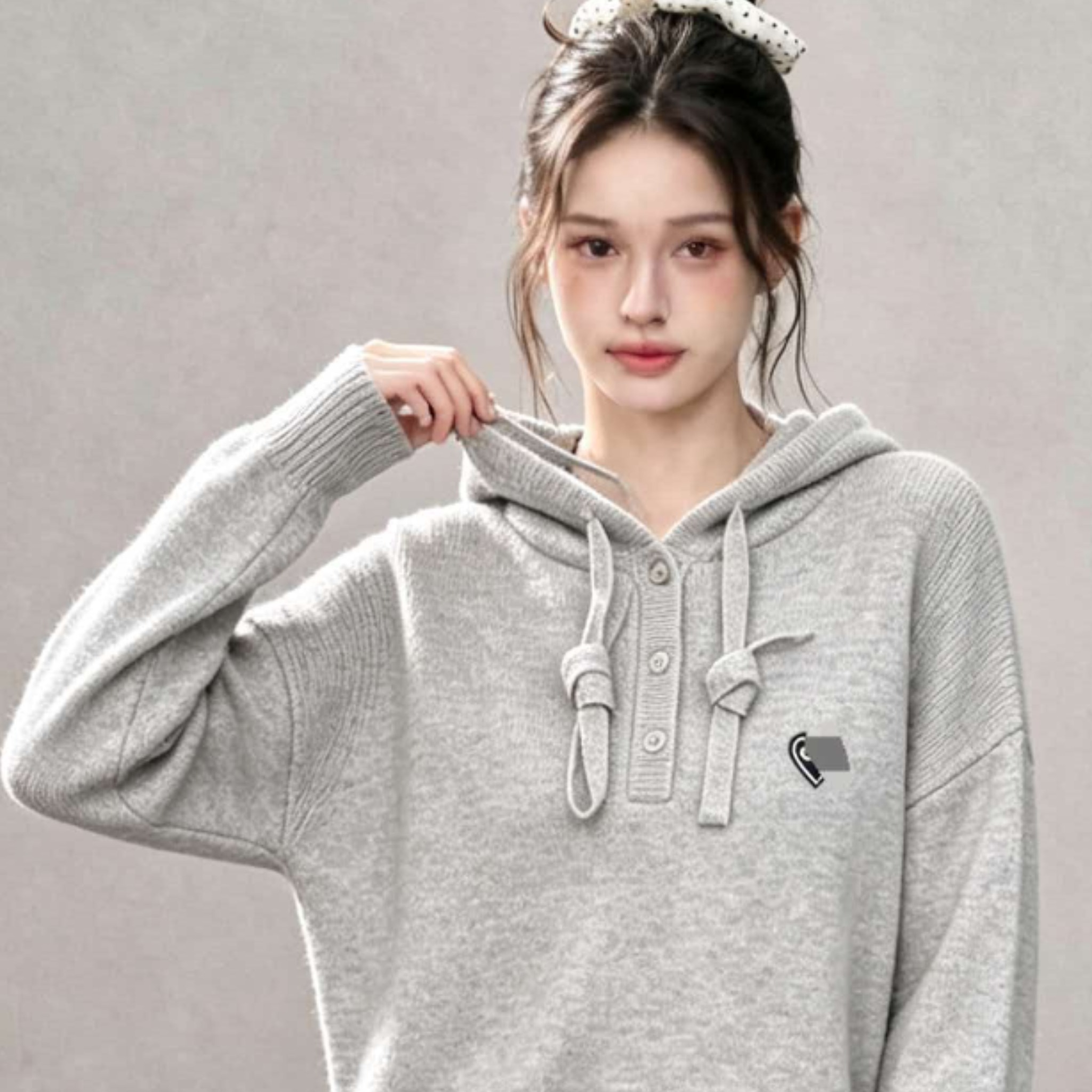 Beige Grey Raccoon Wool Hooded Pullover Knit Sweater 2026 Early Autumn Loose Lazy Style - Image 5