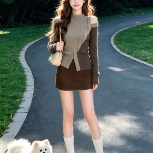 Women's Off-Shoulder Color-Block Knit Sweater 2026 Early Autumn Slim Fit Pullover