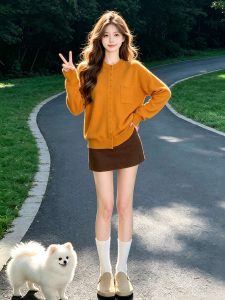Orange Loose Minimalist Long Sleeve Cardigan Women 2026 New Early Autumn Petite Relaxed Top