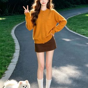 Orange Loose Minimalist Long Sleeve Cardigan Women 2026 New Early Autumn Petite Relaxed Top