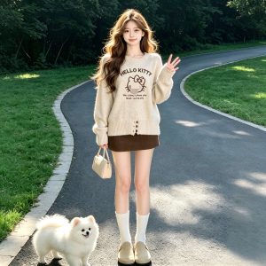 Apricot Split Hem Cartoon Gray Sweater Women 2026 Autumn Winter Lazy Relaxed Fit