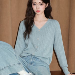 Designer Haze Blue Slimming Knit Cardigan Women 2026 Fall Long Sleeve Light Mature Niche Top