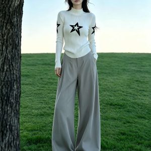White Half Turtleneck Star Slim Fit Knit Sweater for Women 2026 Fall Winter