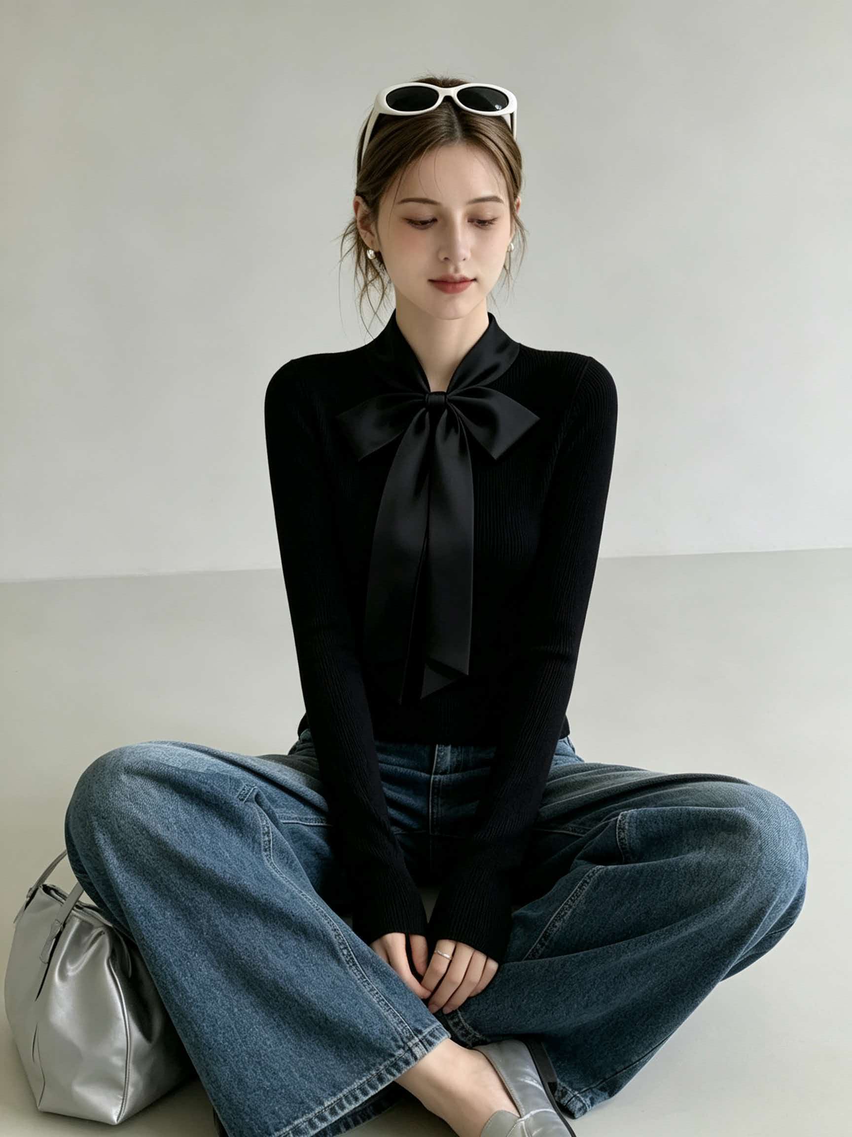 Black Stand Collar Bow Slim Fit Knit Sweater Women's Fall Winter Korean Style Short Top - Image 3