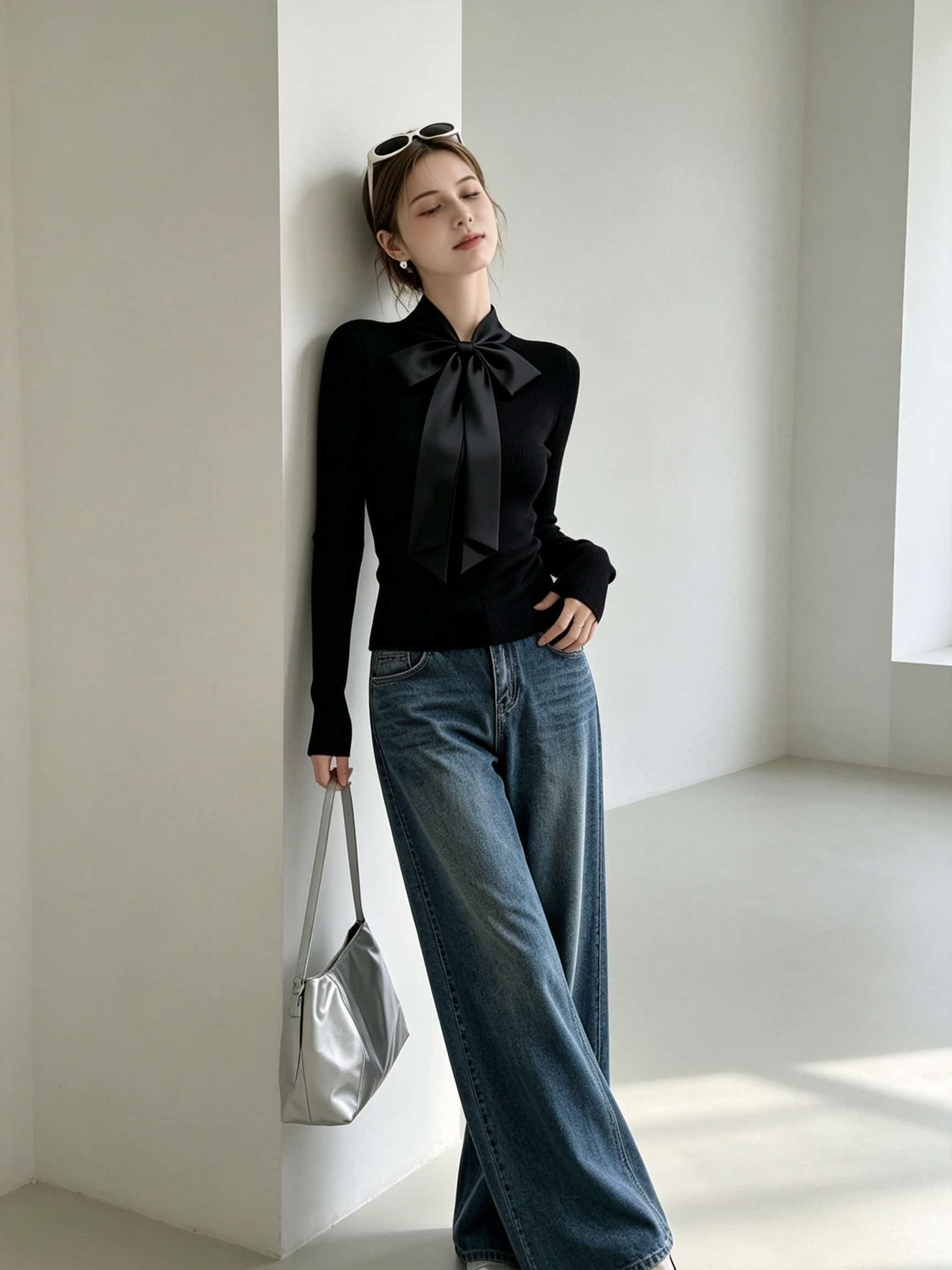 Black Stand Collar Bow Slim Fit Knit Sweater Women's Fall Winter Korean Style Short Top - Image 2