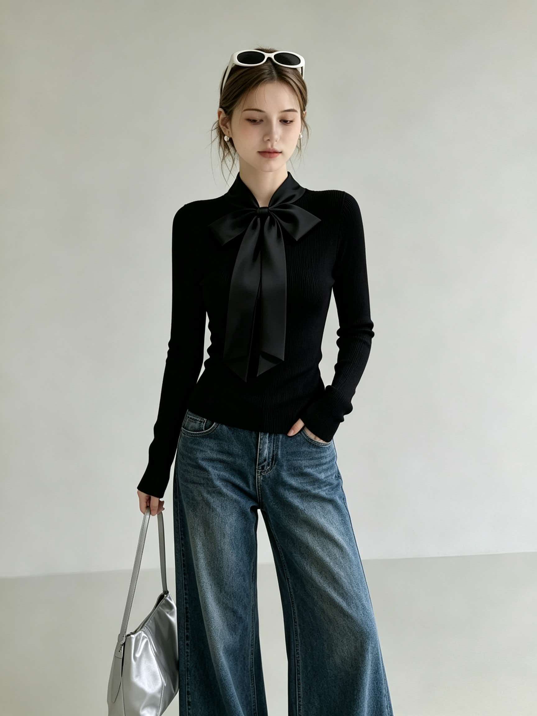 Black Stand Collar Bow Slim Fit Knit Sweater Women's Fall Winter Korean Style Short Top - Image 4
