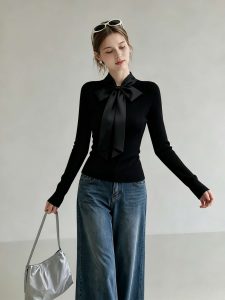 Black Stand Collar Bow Slim Fit Knit Sweater Women's Fall Winter Korean Style Short Top