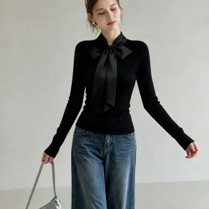 Black Stand Collar Bow Slim Fit Knit Sweater Women's Fall Winter Korean Style Short Top