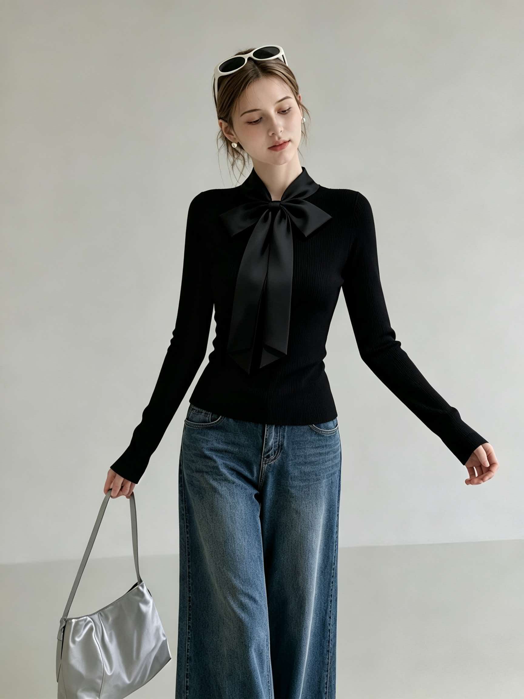 Black Stand Collar Bow Slim Fit Knit Sweater Women's Fall Winter Korean Style Short Top