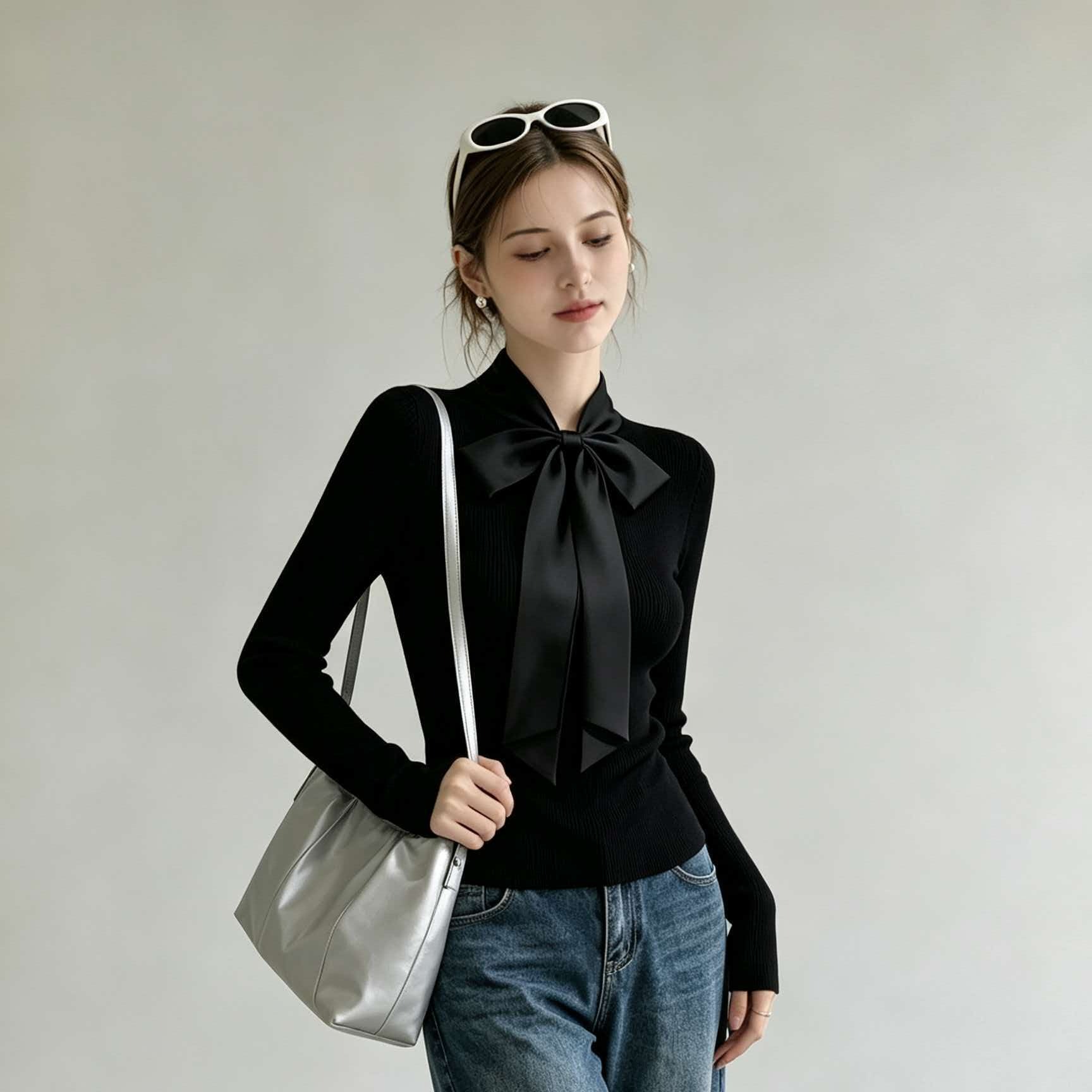 Black Stand Collar Bow Slim Fit Knit Sweater Women's Fall Winter Korean Style Short Top - Image 5