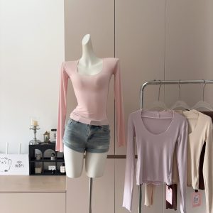 Women's Sexy Slim Fit U-Neck Long Sleeve T-Shirt Soft Stretchy Basic Top