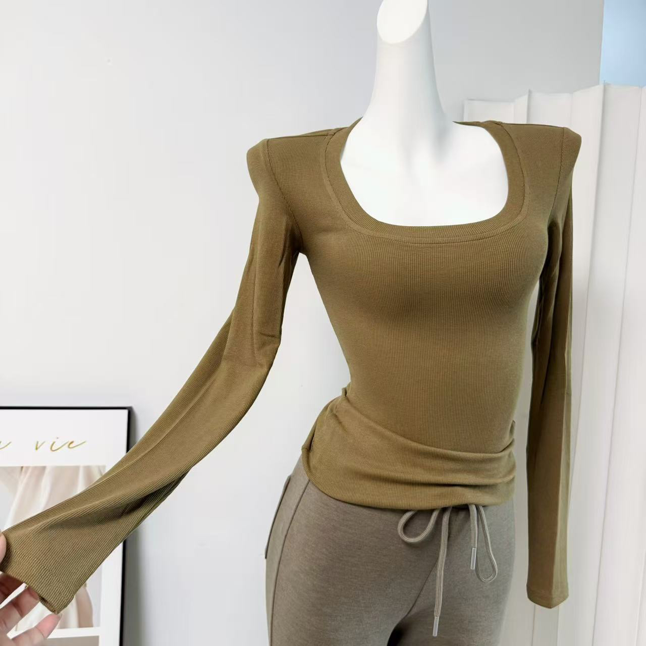 Women's Round Neck Long Sleeve Knit Stretch T-Shirt Slim Fit Top - Image 4