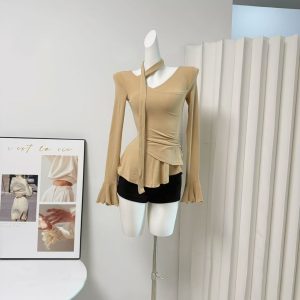Farte Shop Minimalist V-Neck Ribbon Flared Sleeve Ruched T-Shirt Women's Waist-Cinching Top